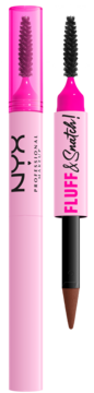 NYX Fluff & Snatch, pudrowy pisak do brwi Rich Auburn. Różowe opakowanie, podwójna kredka z pędzelkami i brązowym rysikiem.