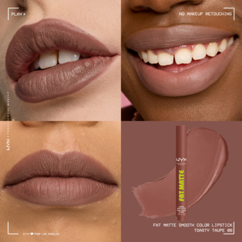 Cztery panele: matowa pomadka NYX Fat Matte Slick Click Taupe 08 na ustach różnych modelek i produkt.