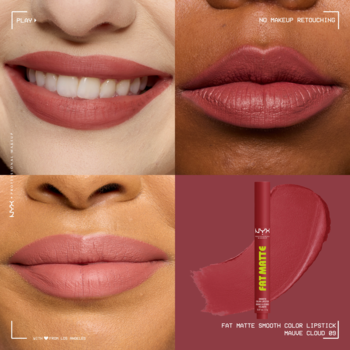 Matowa pomadka NYX Fat Matte Slick Click w 4 ujęciach: zbliżenia ust różnych karnacji i sztyft z próbką.