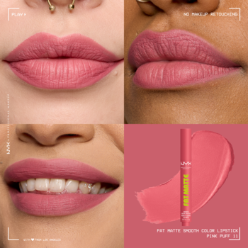 NYX Fat Matte Smooth Color Lipstick Puff 11: kolaż ust i produktu. Matowa różowa pomadka, aplikacja na ustach.