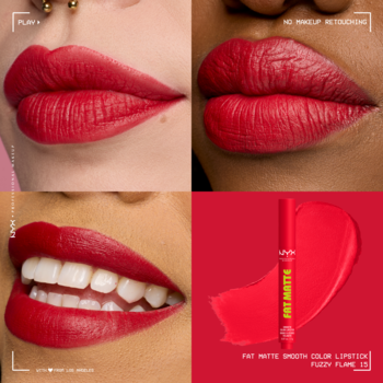 Kolaż: czerwone matowe usta w 3 ujęciach; NYX Fat Matte Slick Click Fuzzy Flame 03 z tubką i próbką.