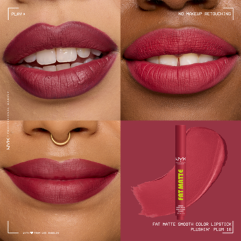 NYX Fat Matte Slick Click Plushin' Plum 08: 4 ujęcia ust modelek z matową pomadką, tubka i swatch.