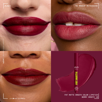 NYX Fat Matte Slick Click, berry matte lipstick. Collage: diverse models with berry matte lips, product & swatch.