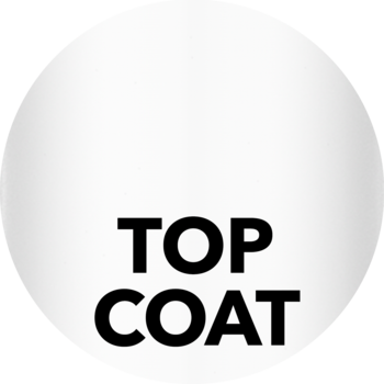 Biała okrągła ikona z czarnym napisem TOP COAT, symbolizująca pielęgnujący top coat do ust z połyskiem.