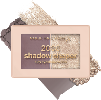 Widok z góry: paletka Max Factor 2000 Calorie Shadow Shaper duo; matowy taupe, złoty cień. Wokół osypany puder.