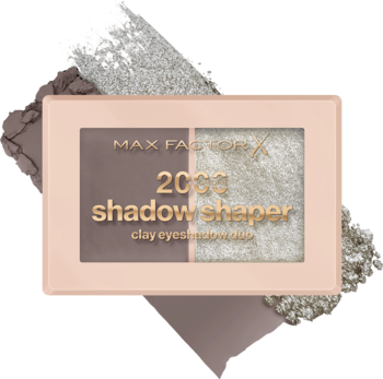 Max Factor 2000 Shadow Shaper: beżowa paleta cieni duo, matowy brąz i błyszczący cień. Widok z góry.