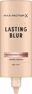 Matujący podkład Max Factor Facefinity Lasting Blur N95 Ivory, wygładzający, w beżowej butelce, widok z przodu.