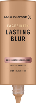 Max Factor Facefinity Lasting Blur, wygładzający podkład, beżowa butelka, widok z przodu, W187 Golden Beige.
