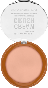 Rimmel London kremowy bronzer z efektem świetlistego matu, otwarty, widoczny jasny odcień i brązowe opakowanie.