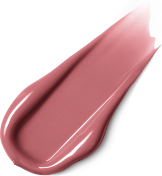 Rimmel Slip Stick 3w1, różowy, błyszczący swatch nawilżającego olejku do ust na czarnym tle.