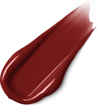 Lśniąca smuga burgundowego olejku do ust Rimmel Slip Stick 3w1 na czarnym tle, gładkie wykończenie.