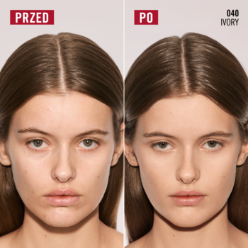 Rimmel Multi Tasker Blur Booster Ivory. Kobieta PRZED: cera z porami. PO: wygładzona, zmatowiona.