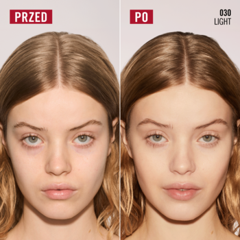 Porównanie przed i po użyciu Rimmel Multi Tasker Blur Booster 3-w-1 podkład Light: gładka cera, mniej porów.