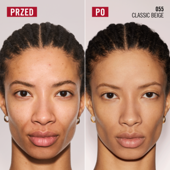 Porównanie twarzy kobiety przed i po użyciu podkładu Rimmel Multi Tasker Blur Booster w odcieniu Classic Beige 055, wygładzający pory.
