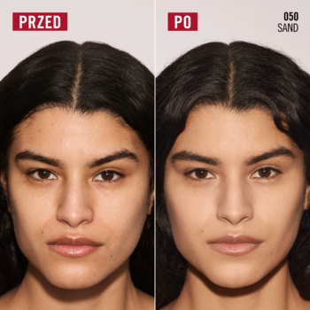 Przed/po: kobieta z matową, wygładzoną cerą po użyciu podkładu Rimmel Multi Tasker Blur Booster 050 Sand.