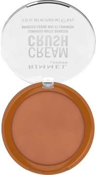 Otwarty kremowy bronzer Rimmel London Crush Shadow 328 Sunny Bronze w okrągłej brązowej puderniczce.