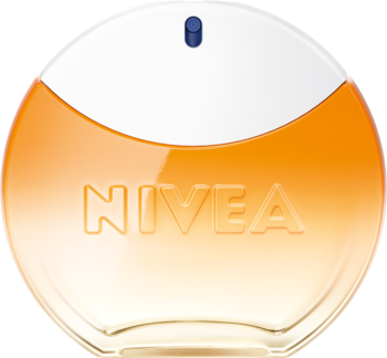 Perfumy NIVEA w okrągłej, szklanej butelce, z pomarańczowo-białym gradientem i niebieskim akcentem na korku, z przodu.
