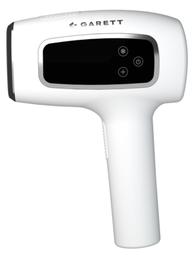 Depilator IPL Garett Beauty Flash Sense, biały, z czarnym ekranem, panelem sterowania i logo, widok pod kątem.