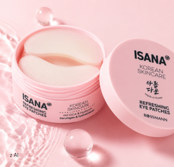Isana Korean Skincare Refreshing Eye Patches, otwarte różowe opakowanie z biocelulozowymi płatkami na tle wody.