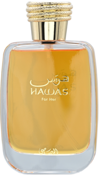 Perfumy Hawas For Her w prostokątnej szklanej butelce z bursztynowym płynem i złotą, teksturowaną zakrętką, widok z przodu.