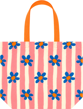 Torebka tote bag: różowo-białe paski, niebieskie kwiaty z pomarańczowymi środkami, pomarańczowe uchwyty. Widok z przodu.