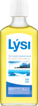 Lýsi Tran islandzki z wątroby dorsza, przezroczysta butelka z żółtym olejem, biało-niebieska etykieta.