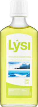 Lýsi Tran islandzki cytrynowo-miętowy, klarowna butelka z żółtym płynem, biało-zielona etykieta, widok z przodu.