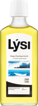Suplement diety Lýsi Omega-3 Pure Ocean Fish Oil o smaku cytrynowym, przezroczysta butelka, biała etykieta z falami.