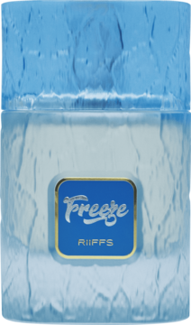 Perfumy Freeze RiiFFS: niebieska butelka z efektem lodu i złotą etykietą, widok z przodu. Chłodny zapach.