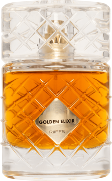 Złoty Elixir RiiFFs, perfumy o nutach cynamonu w fasetowanej butelce, płyn bursztynowy, widok z przodu.