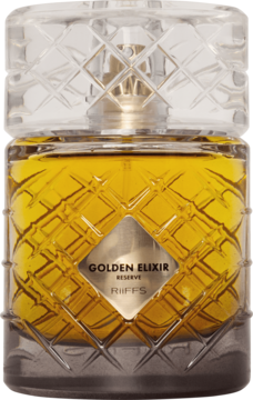 Złoty flakon perfum Golden Elixir Reserve Riffs z wytłaczanym wzorem, bogaty kolor płynu, widok frontalny.