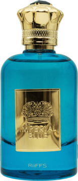 Perfuma RiiFFS Imperial Blue, szklana niebieska butelka ze złotą etykietą i ozdobnym korkiem, widok z przodu.