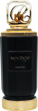 Perfumy Riffs Momento, czarna butelka ze złotym korkiem w kształcie litery R i zdobioną złotą podstawą, widok z przodu.