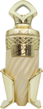 Perfumy Noor o nutach karmelu i wanilii, w złoto-kremowej butelce z arabskim napisem, widok z przodu.