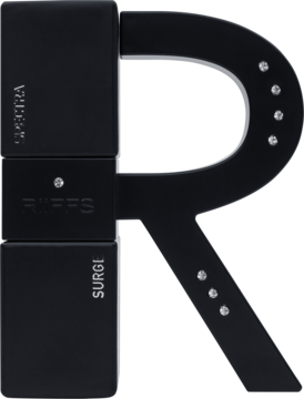 Czarny, metalowy odświeżacz powietrza Ruffs Surge w kształcie litery R, z logo Spectra, widok z przodu.