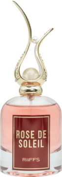 Perfumy Rose de Soleil RIIFFS w szklanej butelce z różowym płynem, złotym korkiem i perłami, widok z przodu.