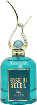 Perfumy ROSE DE SOLEIL ÉCLAT RIIFFS w turkusowej butelce ze złotą zakrętką i koralikami, widok z przodu.