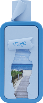 Niebieski odświeżacz powietrza Drift w ramce, z wzorem plaży z piaskiem i oceanem widocznym przez rozdarcie.