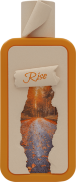 Perfumy Rise w pomarańczowym flakonie z beżową etykietą, jesienna droga w lesie i napis 'Rise', widok z przodu.