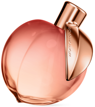 Women's Secret Peach of Desire Woda perfumowana, butelka w kształcie jabłka, różowo-złota, pod kątem.