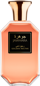 Woda perfumowana Jawhara Golden Nectar w przezroczystym, ośmiobocznym flakonie ze złotą nakrętką i czarną etykietą.