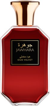 Jawhara Oud Velvet woda perfumowana w fasetowanej butelce z ciemnoczerwonym płynem, złotą zakrętką i czarną etykietą.