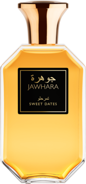 Złota butelka perfum Jawhara Sweet Dates EDP, przezroczyste szkło, złota nakrętka, czarna etykieta, widok z przodu.