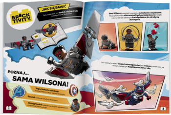 Otwarta książka LEGO BRICKTIVITY o Falconie Avengers, z minifigurką i zadaniami, pełna kolorowych ilustracji.