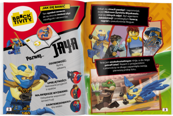 Rozkładówka magazynu LEGO Ninjago: Jay w smoczym stroju z kataną na lewej stronie, akcja i komiksy po prawej.
