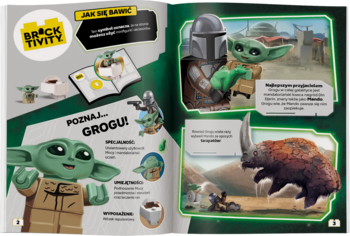 Rozłożona książka LEGO Star Wars Grogu, widok na postacie Mandalorianina, zagadki i komiksy.