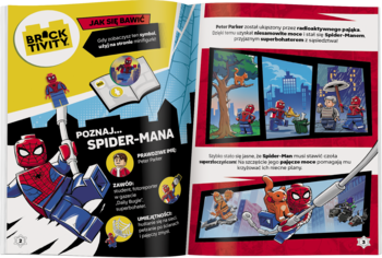 Dwustronicowa rozkładówka książki LEGO Spider-Man z minifigurką, komiksami i zadaniami. Scenki z miasta.