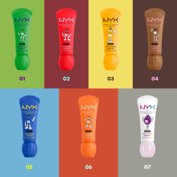 Kolekcja 7 matowych balsamów do ust NYX x M&M's Smushy Surprize, w kolorowych tubkach z postaciami M&M's.