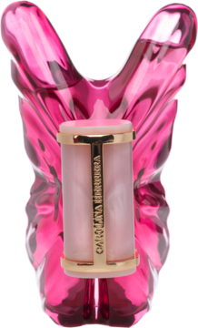 Flakon perfum Carolina Herrera w kształcie różowej szpilki, z różowym cylindrem i złotymi akcentami, widok z przodu.