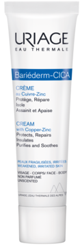 Uriage Bariéderm-CICA krem regenerujący z miedzią i cynkiem w białej tubce z niebieskim paskiem, widok z przodu.